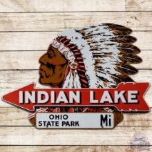 Rare Indian Lake Ohio Park Die Cut SS Porcelain Sign w/ Native American & Arrow Graphic