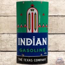 1940 Indian Gasoline Curved SS Porcelain Pump Plate Sign w/ The Texas Co Attachment