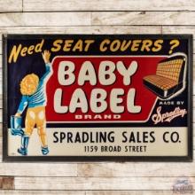 Spradling Baby Label Brand Seat Covers 6' x 9' SS Tin Sign w/ Wooden Frame