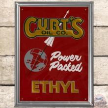 NOS Curt's Oil Co Power Packed Ethyl Emb. SS Tin Pump Plate Sign