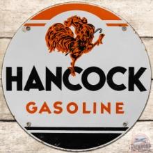 Hancock Gasoline 12" SS Porcelain Pump Plate Sign w/ Early Rooster