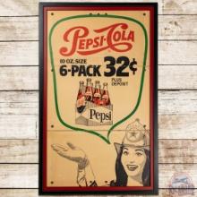 Rare Dual Brand Pepsi Cola w/ 6 Pack & Texaco Lady Fire Chief Framed Cardboard Sign