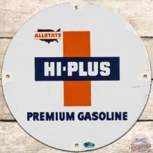 Allstate Hi-Plus Premium Gasoline SS Porcelain Pump Plate Sign w/ Logo