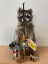 Fishing Raccoon, complete with bait bucket and fishing rod, 18 inches tall, 11 inches wide, Awesome