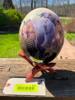 Beautiful painted Ostrich egg, with African Big five, on a display stand, 9 inches tall, great Afric