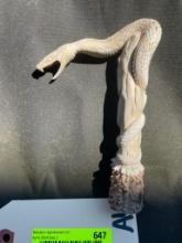 Beautiful, Detailed, carved Stag antler, cane handle, big snake in tree excellent taxidermy , log ca