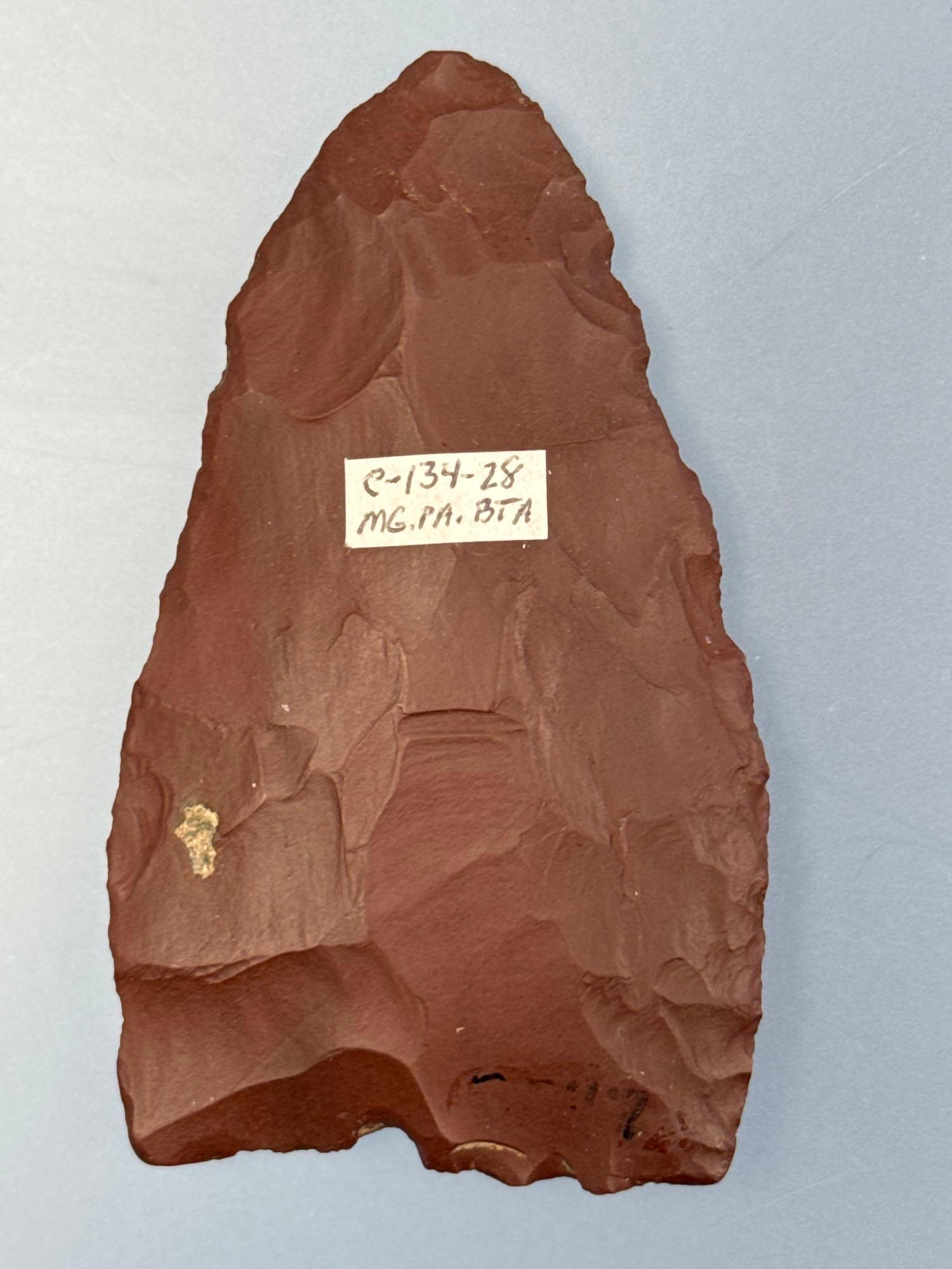 NICE 3 5/16" Munsungun Chert (Red) Pentagonal Knife, Found in Montgomery Co., PA, Ex: Amspacher