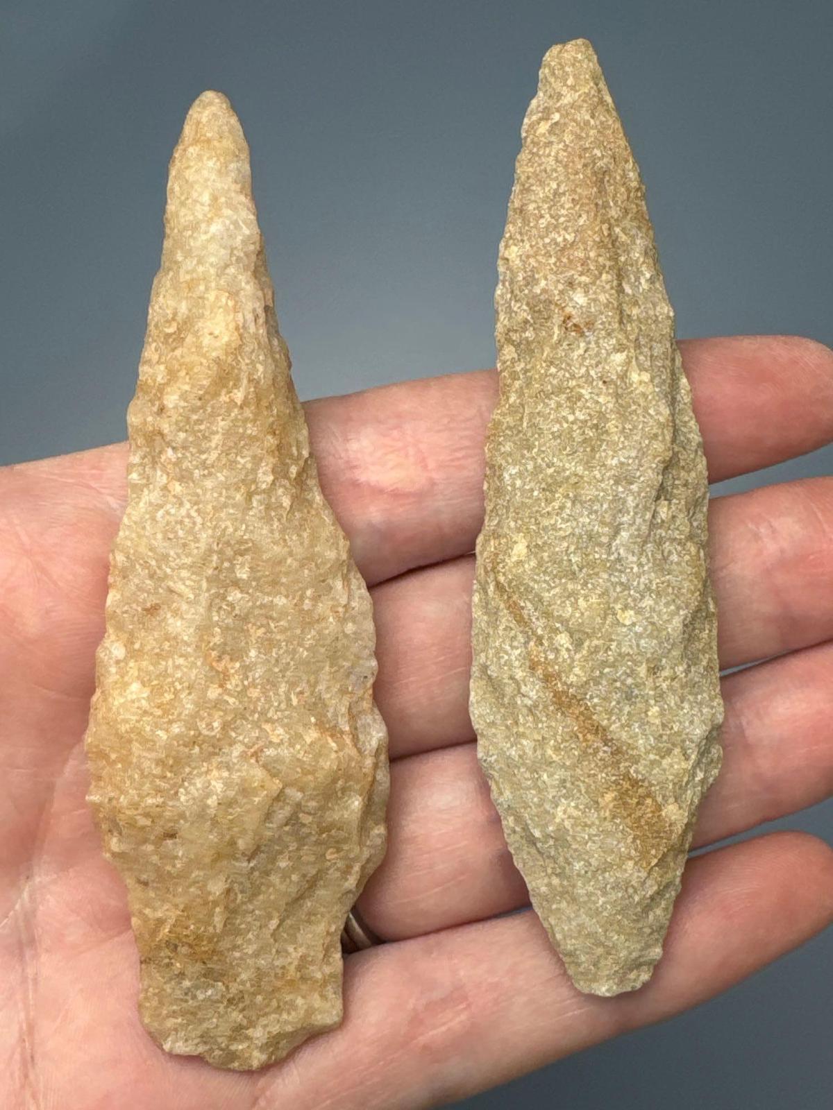 Pair of Quartzite Archaic Stem Points, Poplar Island + Stem Point, Found in Lancaster Co., PA, Longe