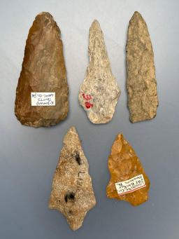 Lot of 5 Various Classic Lower Susquehanna River Points, Knives, Longest is 3 3/8", Found in Columbi