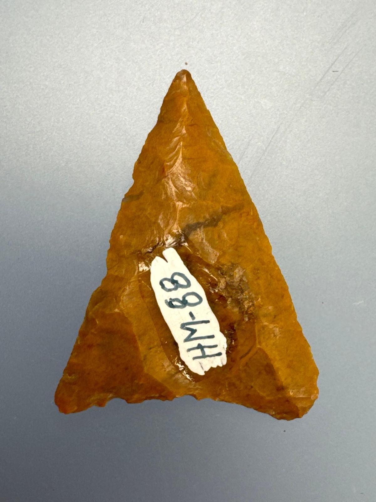 1 3/8" Jasper Triangle Arrowhead, Found in PA/NJ/NY Tristate Area, Ex: Harry Mucklin, Lemaster, Podp