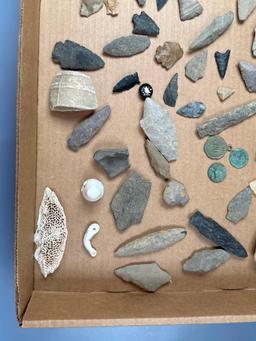 Box Lot of Various ARtifacts, Arrowheads, Knives, Historical/Modern Brass, Coins and More, Found in