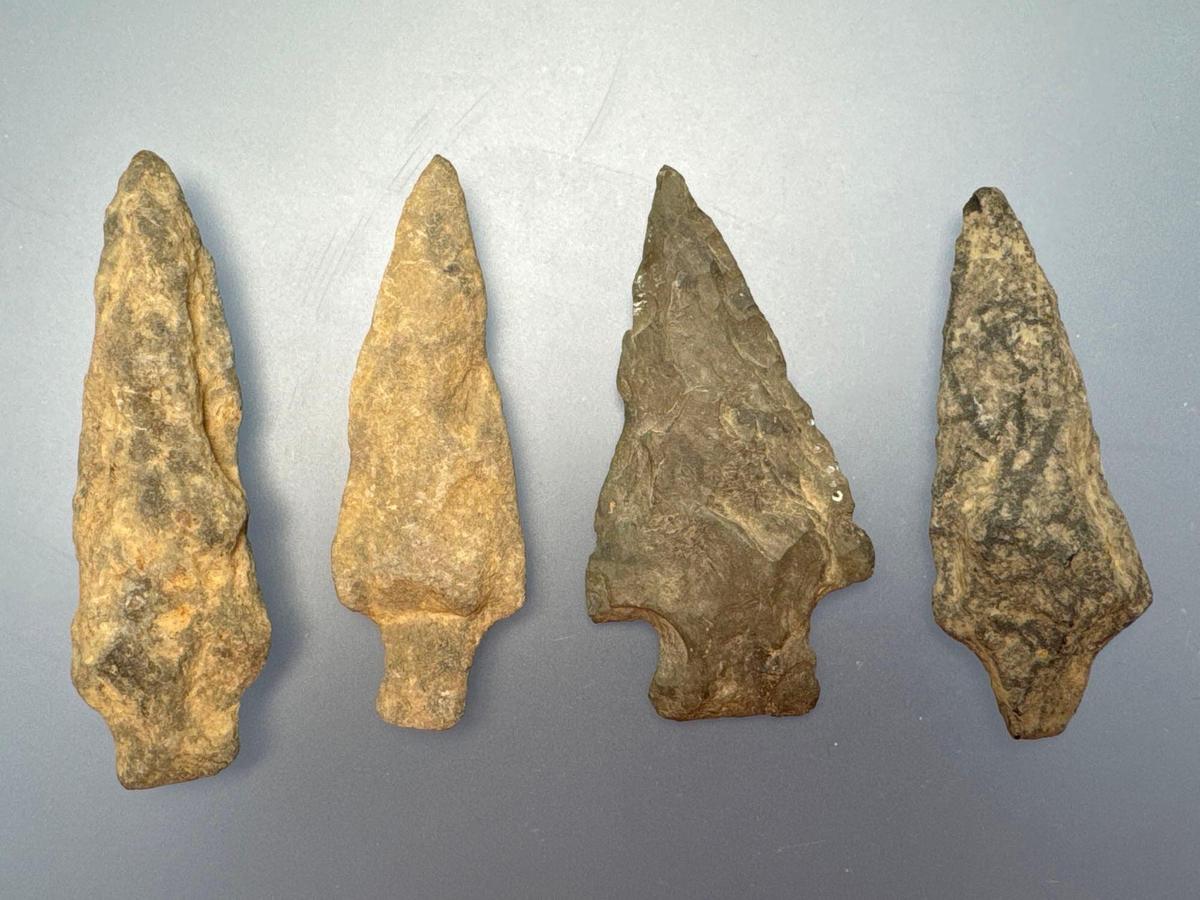 4 Argillite Archaic Stem Points, Longest is 2 5/8", Found in Mantua, Gloucester Co., NJ