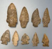Lot of 9 Nice Chert Points, Longest is 2 1/2", Found in New York State, Ex: Dave Summers Collection