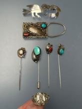 Lot of Silver, Turquoise, Coral and Abalone, Southwestern US, Some Maker Stamped