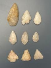 9 Nice Quartz Points, Smaller Examples, Found in Northampton Co., PA, Longest is 1 3/4", Ex: Burley
