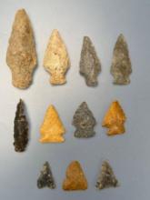11 Nice Points, Various Materials, Found in Northampton Co., PA, Longest is 2 5/8", Ex: Burley Museu