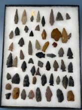 SUPERB Frame of 55+ Arrowheads and Points, Found on the Partington Site in NJ, Ex: Kurt Mosier Colle