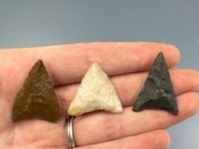 Lot of 3 Fine Triangles, Jasper, Chert, Quartz, Longest is 1 5/16", Found in Moorestown, New Jersey