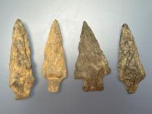 4 Argillite Archaic Stem Points, Longest is 2 5/8", Found in Mantua, Gloucester Co., NJ
