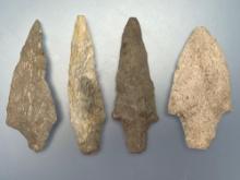 Lot of 4 Larger Archaic Stem Points, Rhyolite, Chert, Argillite, Longest is 3 3/8", Found in Jim Tho