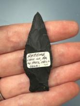 2 1/8" Black Chert Orient Fishtail, Found in Rheems, Lancaster Co., PA, Ex: Thomas Noll Collection