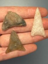 3 HIGH QUALITY Triangle Points, Chalcedony and Quartz, Longest is 1 3/8", Found in Wake Co., North C