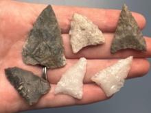6 Triangle Points, Rhyolite, Chert, Quartz, Found in Jim Thorpe Area in Pennsylvania, Longest is 1 5