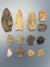 13 Various Artifacts, Arrowheads, Found in Jim Thorpe Area in Pennsylvania, Longest is 3 1/8"