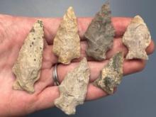 6 Rhyolite Points, Found in Jim Thorpe Area in Pennsylvania, Longest is 2 3/16"