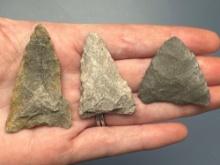 3 Rhyolite Triangle Points, Found in Jim Thorpe Area in Pennsylvania, Longest is 2 1/4"