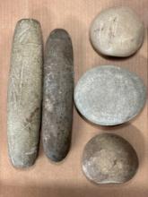 Lot of Roller Pestles, Grinding Stones, Small Stone Bowl, Found in Moorestown, New Jersey, Longest i