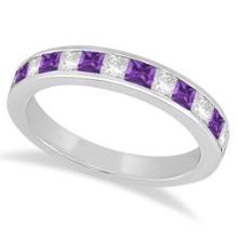 Channel Amethyst and Diamond Wedding Ring 14k White Gold 0.70ctw