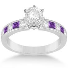 Channel Amethyst and Diamond Engagement Ring 14k White Gold 1.60ctw