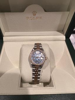 Custom 26mm Blue Mother of Pearl Dial Two-Tone Rolex w/Diamond Bezel (G-H, SI1-SI2) comes with Box &