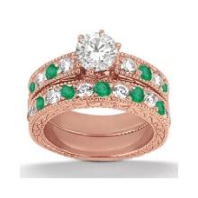 Antique style Diamond and Emerald Bridal Set 18k Rose Gold 1.75ctw