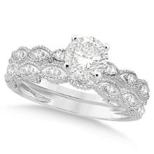 Petite Antique style-Design Diamond Bridal Set in 14k White Gold 1.23ctw