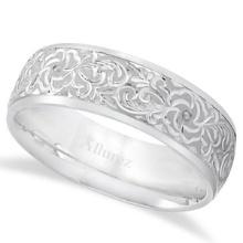 Hand-Engraved Flower Wedding Ring Wide Band Platinum 7mm