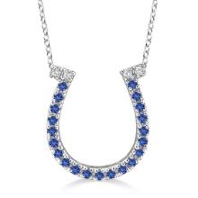 Sapphire and Diamond Horseshoe Pendant Necklace 14k White Gold 0.25ctw