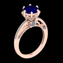 2.61 Ctw VS/SI1 Blue Sapphire And Diamond Prong Set 14K Rose Gold Vintage Style Ring
