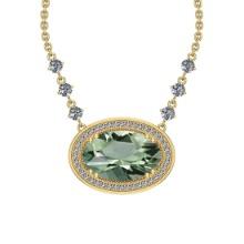 Certified 32.00 Ctw I2/I3 Green Amethyst And Diamond 14K Yellow Gold Pendant