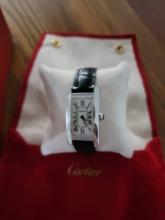 TANK AMERICAINE CARTIER 18K WHITE GOLD WITH BOX, POUCH, & SERVICE RECEIPT