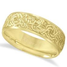 Hand-Engraved Flower Wedding Ring Wide Band 14k Yellow Gold 7mm