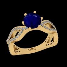 1.74 Ctw VS/SI1 Blue Sapphire And Diamond Prong Set 14K Yellow Gold Vintage Style Ring