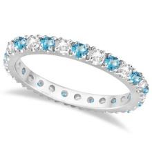 Diamond and Blue Topaz Eternity Ring Stack Band 14K White Gold 0.64ctw