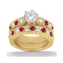 Antique style Diamond and Ruby Bridal Set 14k Yellow Gold 1.80ctw
