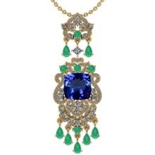 Certified 11.78 Ctw VS/SI1 Tanzanite,Emerald And Diamond 14K Yellow Gold Vintage Style Necklace
