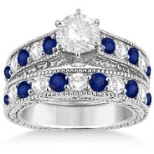 Antique style Diamond and Sapphire Bridal Ring Set 14k White Gold 2.87ctw