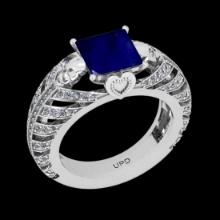 2.76 Ctw VS/SI1 Blue Sapphire And Diamond Prong Set 14K White Gold Skull Ring