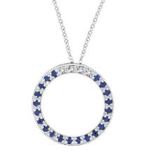 Diamond and Blue Sapphire Circle Pendant Necklace 14k White Gold