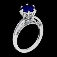 2.61 Ctw VS/SI1 Blue Sapphire And Diamond Prong Set 14K White Gold Vintage Style Ring